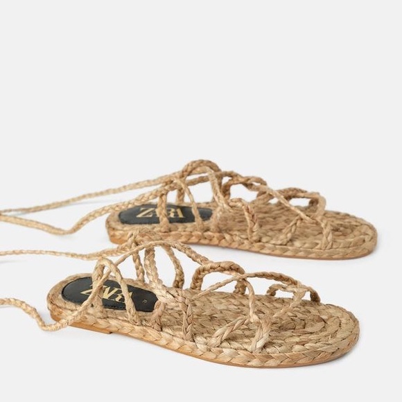 Zara Natural Woven Jute Tie Up Strap Sandals - Picture 2 of 6